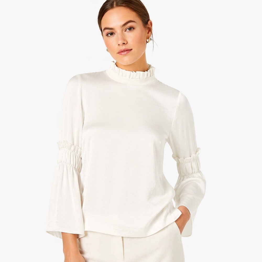 Ted Baker London Ivory Ruffle Neck Blouse Womens Size 1 Bell Sleeve Myani‎ Top